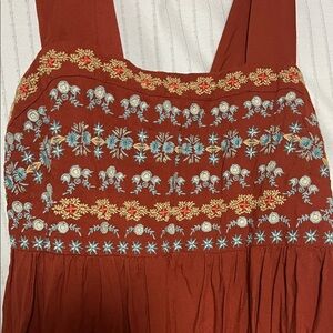 Natural Life Rust Boho Embroidered Wide Leg Jumpsuit Ruffle Hem